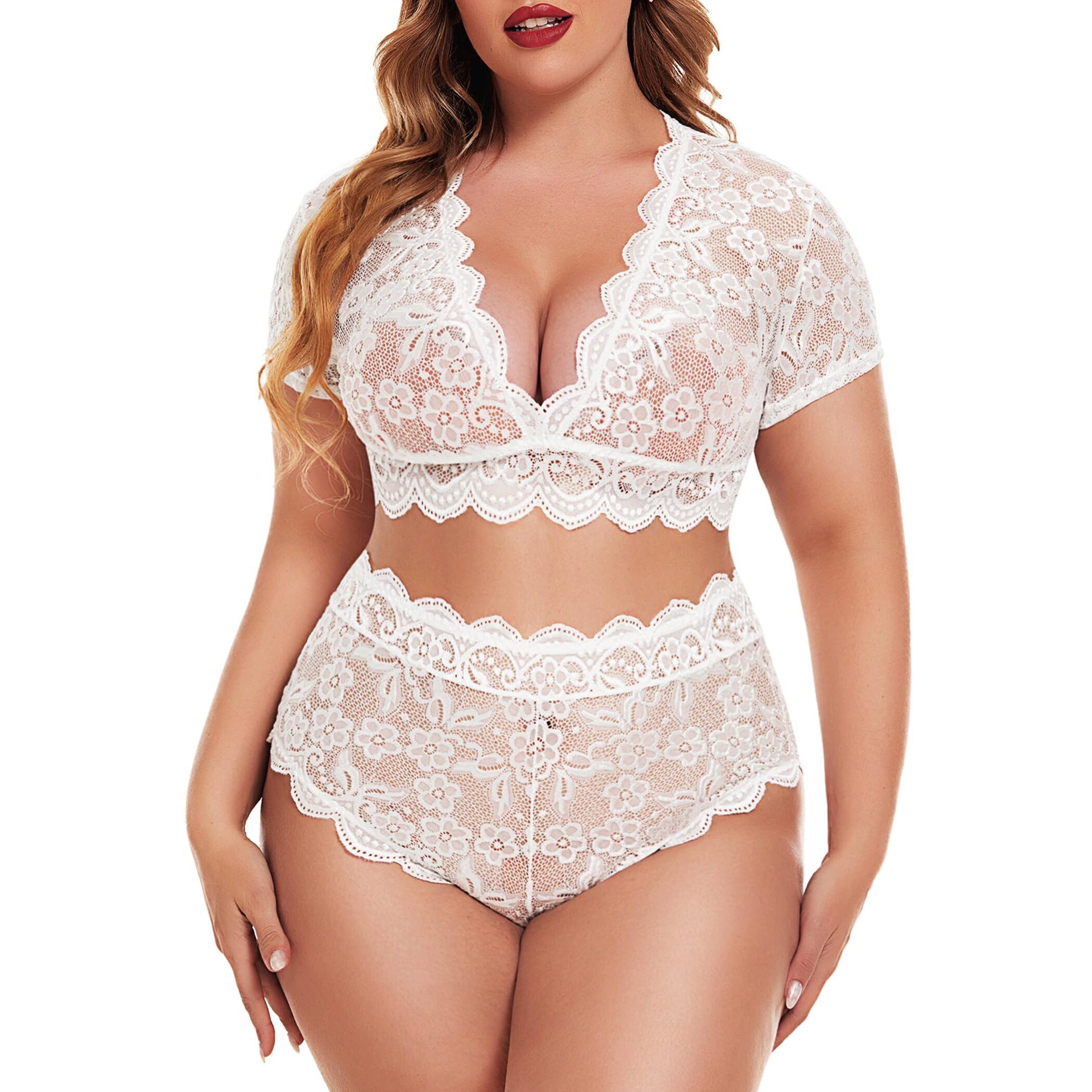 9399 Wedding Lingerie For Bride Plus Floral Lace Scallop Trim Lingerie Set